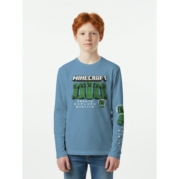 Minecraft, Boys' & Big Boys' Graphic Long-Sleeve T-Shirt, Creeper Montage, Sizes 4-18