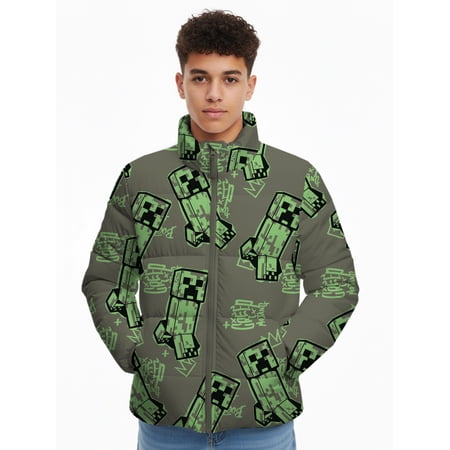 Minecraft Little and Big Boys Creeper Zip Puffer Jacket, Lightweight, Sizes 4-16