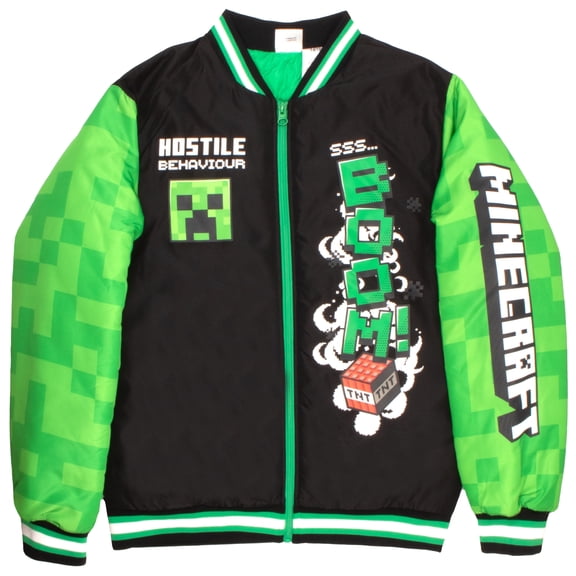 Minecraft Boys Bomber Jacket, Zip-Up Creeper Varsity Jacket, Sizes 6-18