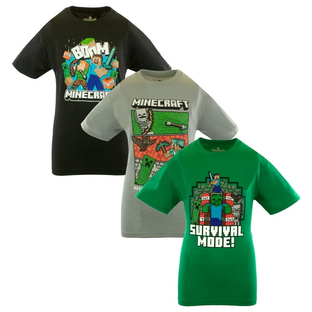 Minecraft Boys Creeper & Characters 3 Colors Short Sleeve T-Shirt Set, 3 Pack (Sizes 4-16)