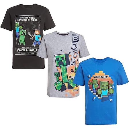 Minecraft Boys Creeper & Characters 3 Colors Short Sleeve T-Shirt Set, 3 Pack (Sizes 4-16)