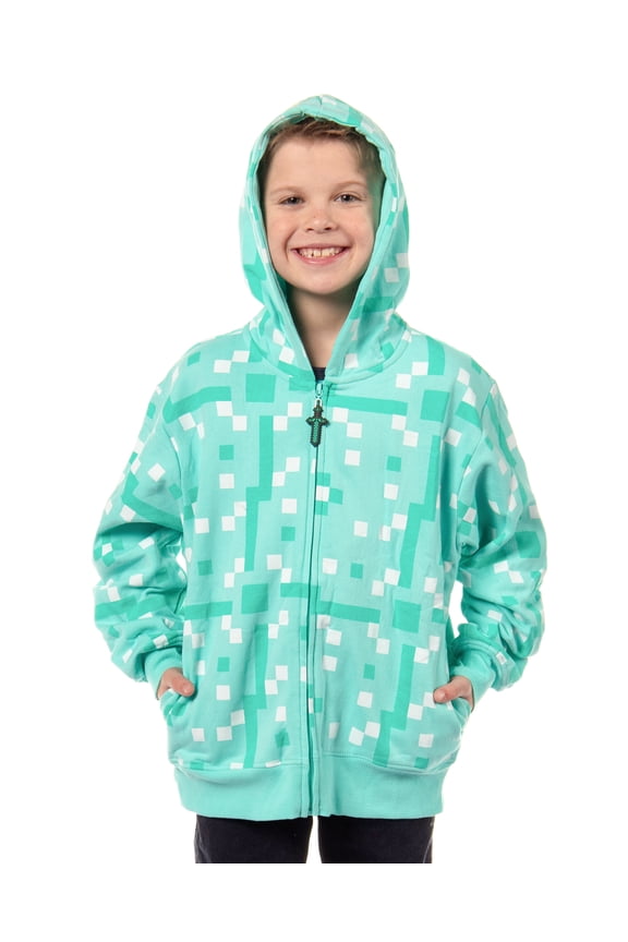 Minecraft Boys' Diamond Steve Allover Pixelated Design Big Kids Full-Zip Hoodie with Rubber Sword Zipper Pull