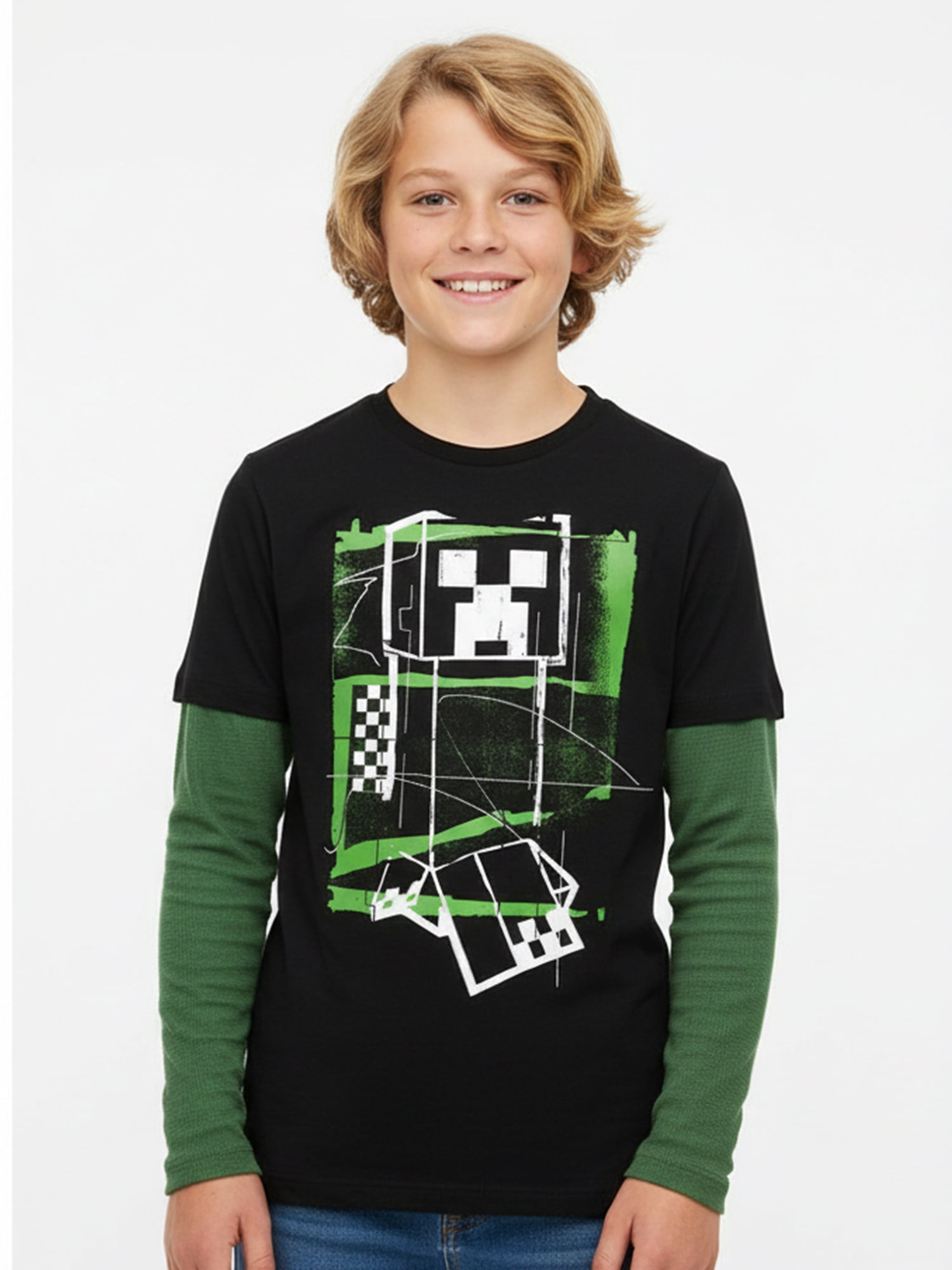 Minecraft, Boys' Graphic Waffle Knit Long Sleeve 2Fer, Sizes 4-18