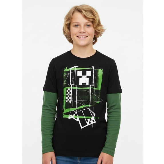 Minecraft, Boys' Graphic Waffle Knit Long Sleeve 2Fer, Sizes 4-18