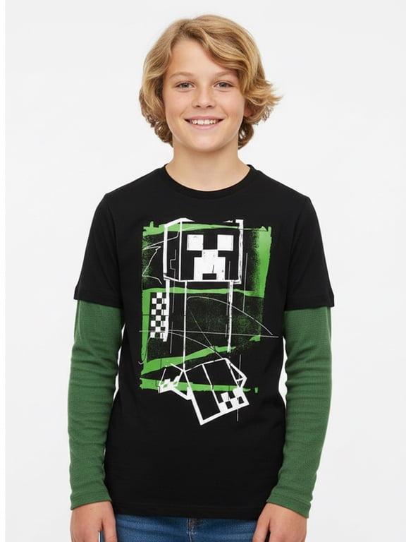 Minecraft, Boys' Graphic Waffle Knit Long Sleeve 2Fer, Sizes 4-18