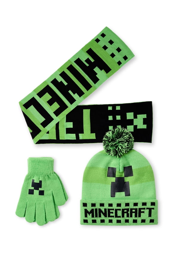 Creeper Face Boys Green Beanie , Gloves and Scarf Set | One Size | Made by Vanilla Underground