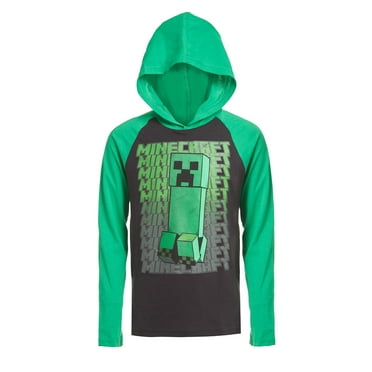 Minecraft Boys Long Sleeve Creeper Hoodie Tee (Green/Grey, Sizes 4-16)