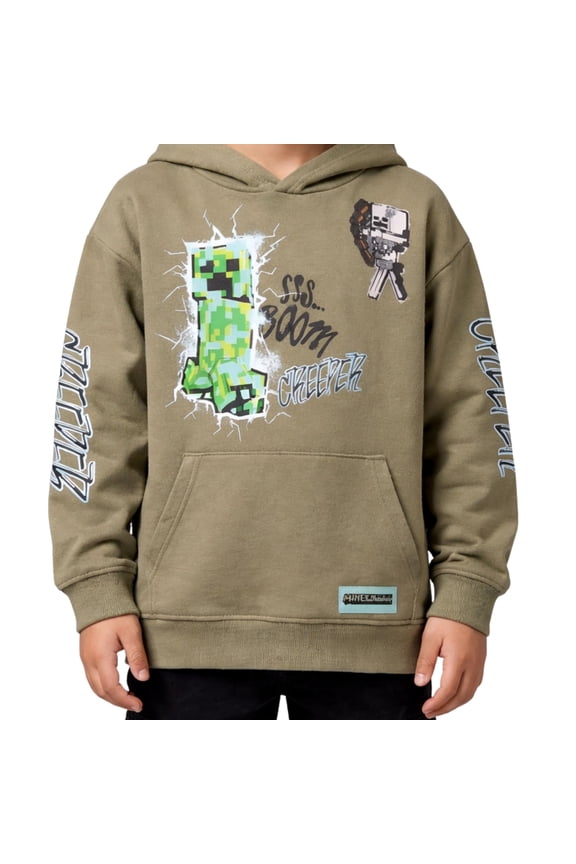 Boys Pullover Hoodie, Creeper Graphic Fleece Sweatshirt, Olive Green, Sizes SXL