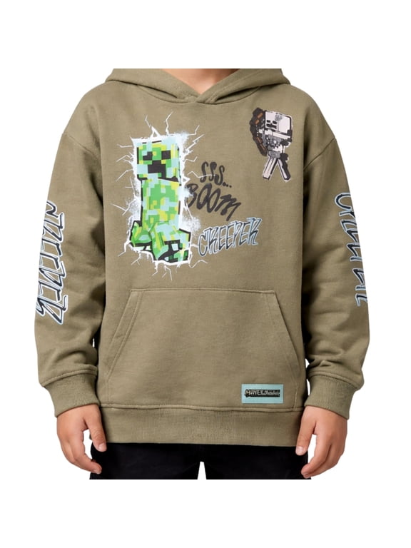 Boys Pullover Hoodie, Creeper Graphic Fleece Sweatshirt, Olive Green, Sizes SXL