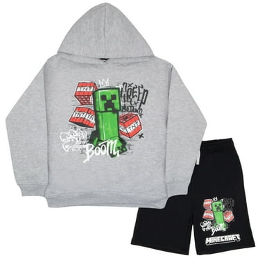 Minecraft Boys Pullover Hoodie and Shorts Set with Creeper Graphic Print - 2 Piece Sweatshirt and Short Bundle for Kids (Size 8-12)