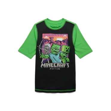 Minecraft Movie Boys Rashguard with Short-Sleeves and UPF 50+, Sizes 4-12