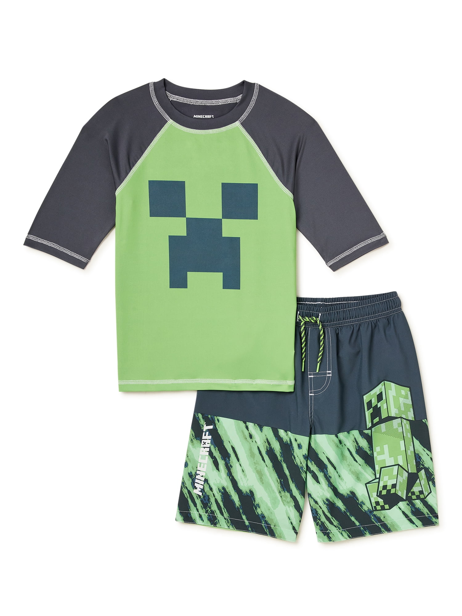 Minecraft Brandclub Minecraft Boys Short Sleeve Rashguard 4 Way Stretch Swim Trunks 2 Piece Swim Set Sizes 4 16