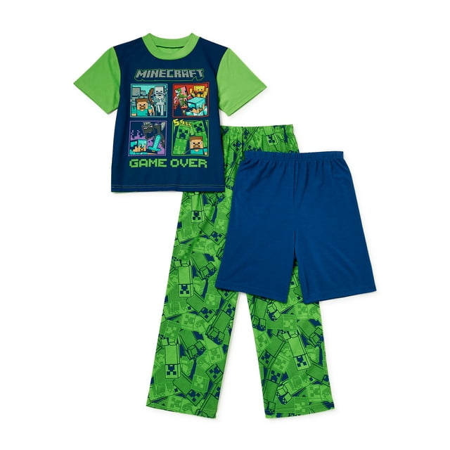 Minecraft Boys Short Sleeve Top, Pants and Shorts, 3-Piece Pajama Set, Sizes 6-12