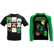 Minecraft Boys Video Game Character Graphics Long Short Sleeve Tees 2-Pack, Black/Green, Sizes 4-16