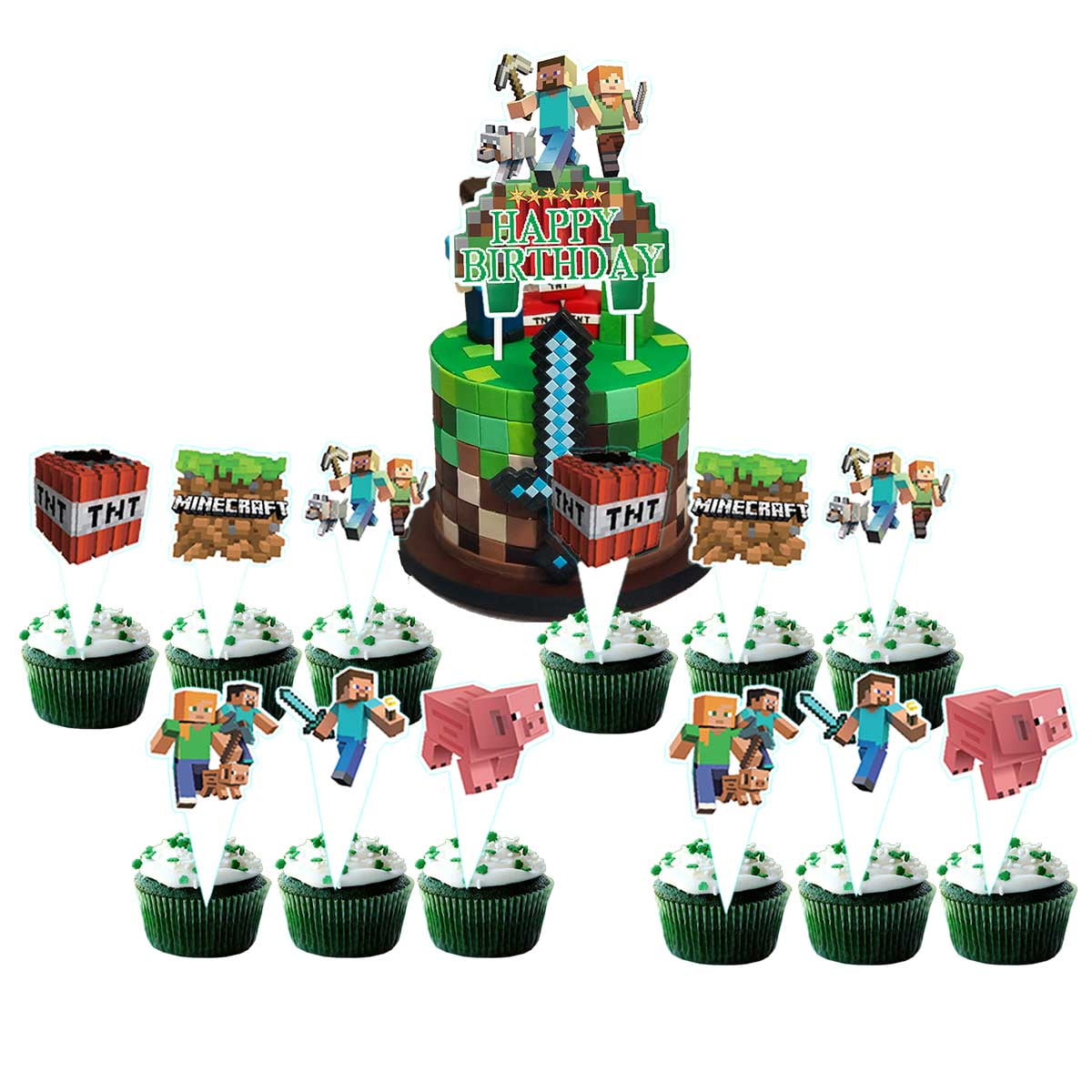 Minecraft Cake Topper CupcakeS Set Birthday Party Supplies Decoration Decor Kit