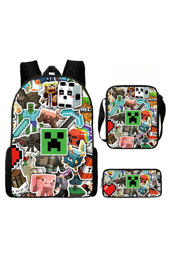 Minecraft Cartoon anime backpack three-piece set Laptop backpack Work camping backpack 17 inches