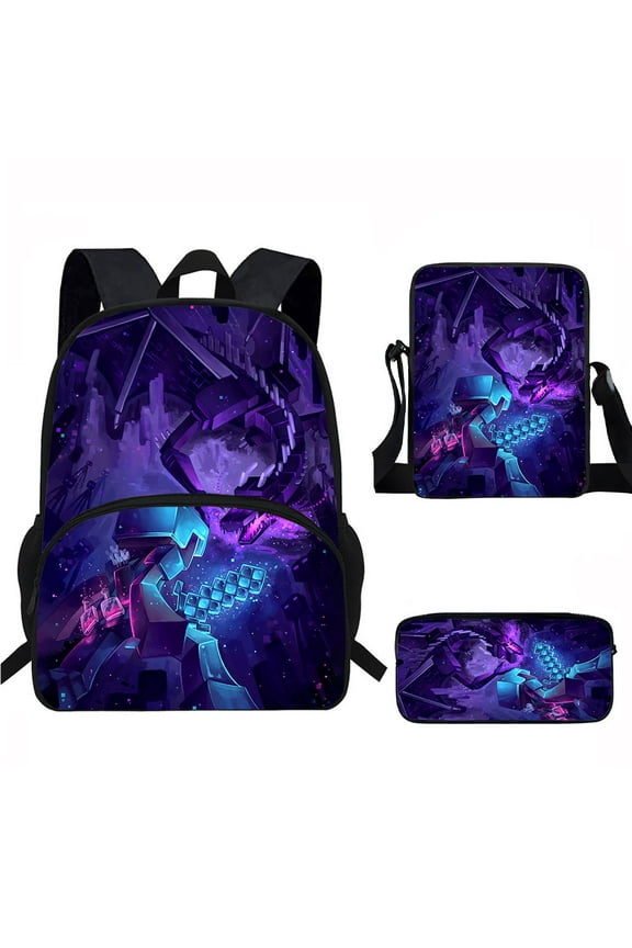 Minecraft Cartoon anime backpack three-piece set Laptop backpack Work camping backpack 17 inches