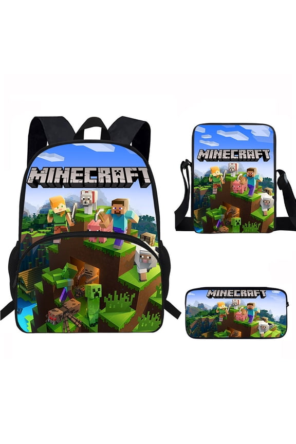Minecraft Cartoon anime backpack three-piece set Laptop backpack Work camping backpack 17 inches