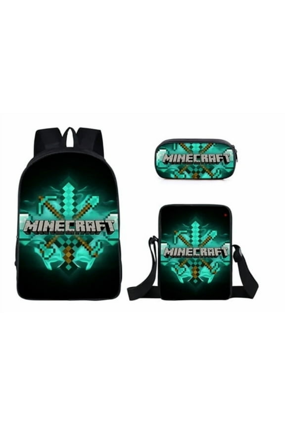 Minecraft Cartoon anime backpack three-piece set Laptop backpack Work camping backpack 17 inches