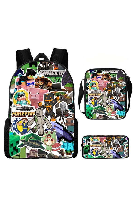 Minecraft Cartoon anime backpack three-piece set Laptop backpack Work camping backpack 17 inches