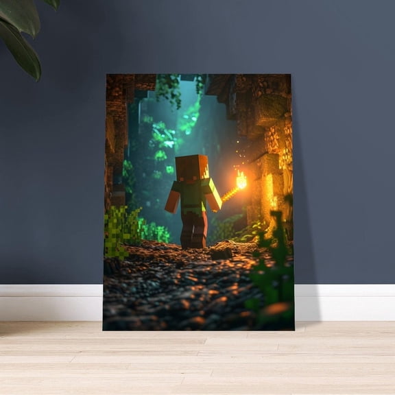 Minecraft Cave Adventure Poster Pixel Art Torch Scene Gaming Decor Home Decor Dark Fantasy Print Size 24x36 Unframed Poster