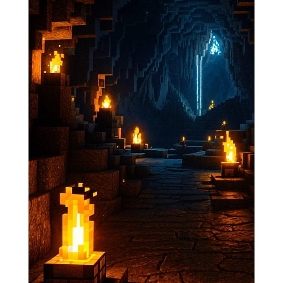 Minecraft Cave Poster – Pixel Torch Wall Art Print 8x12 UNFRAMED