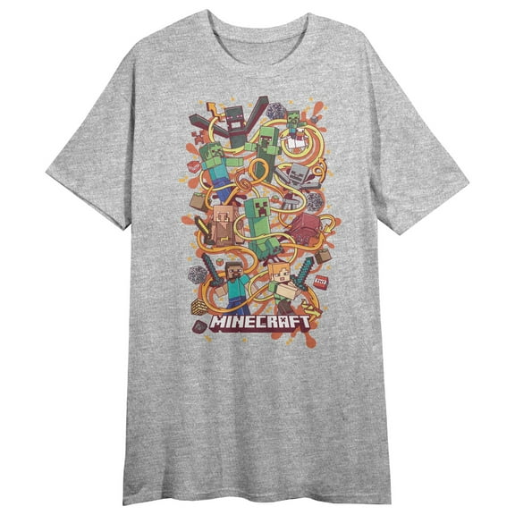 Minecraft Character Collage Crew Neck Short Sleeve Athletic Heather Women's Night Shirt-Medium