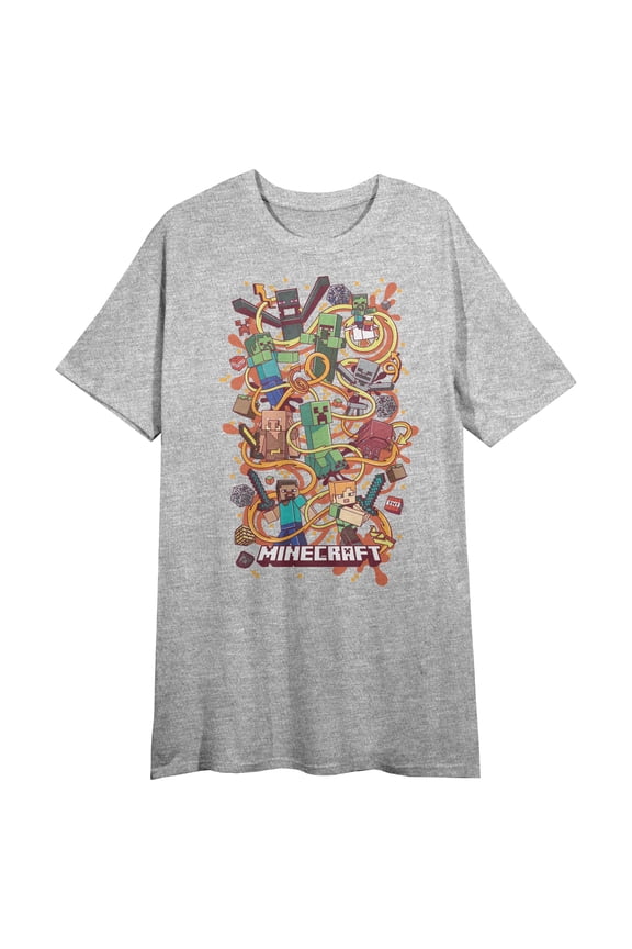 Minecraft Character Collage Crew Neck Short Sleeve Athletic Heather Women's Night Shirt-Medium