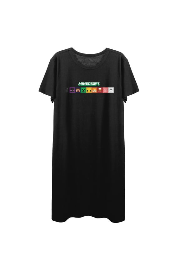 Minecraft Character Face Pixel Art Crew Neck Short Sleeve Women's Black T-shirt Dress-Small