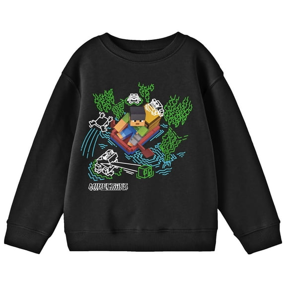 Minecraft Character Paddling With Doodle Art Youth Black Crew Neck Sweatshirt-XL