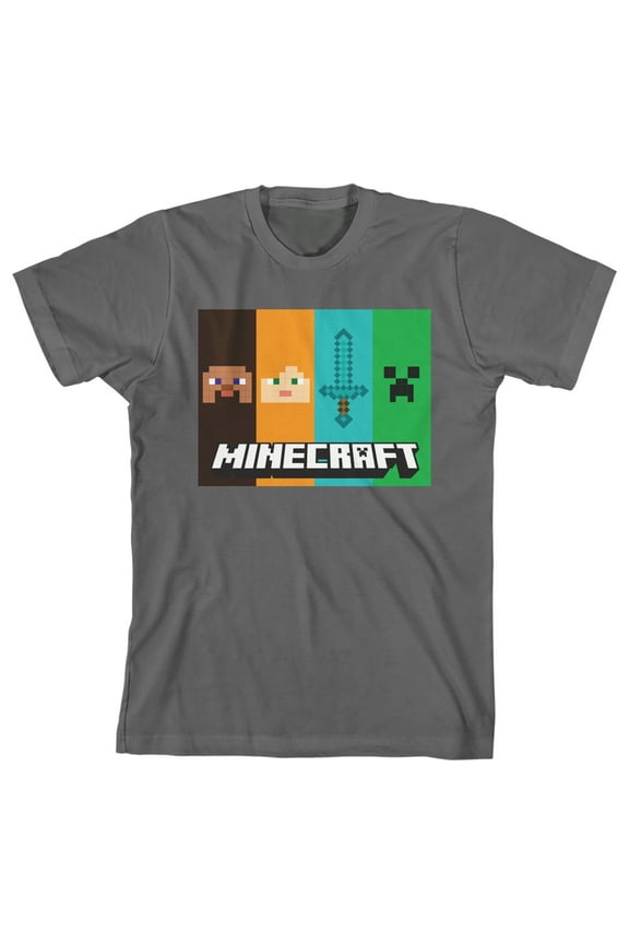 Minecraft Character Panels Boy's Charcoal T-shirt-Large