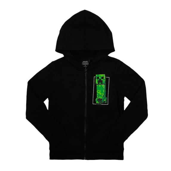 Minecraft Characters Surrounding Creeper Long Sleeve Boy's Black Zip Hoodie-XS