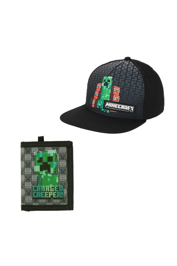 Minecraft Charged Creeper Youth 2-Pack Curved Bill Snapback Hat & Bi-Fold Wallet Combo Set
