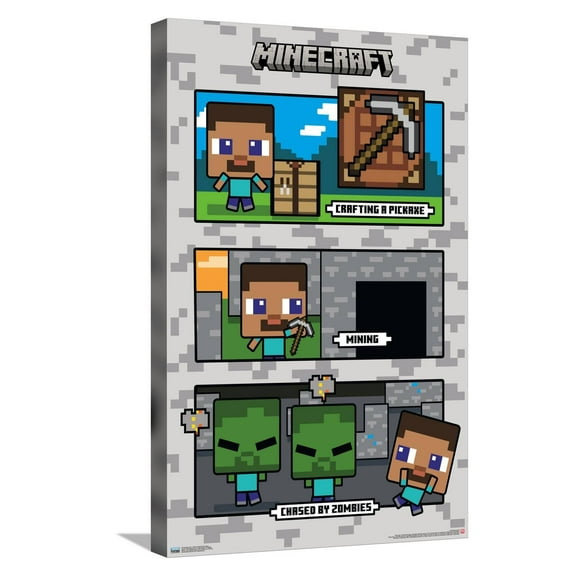 Minecraft - Chibi Chased By Zombies Canvas Wall Poster, 14.725" x 22.375"