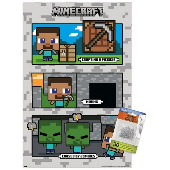 Minecraft - Chibi Chased By Zombies Wall Poster with Push Pins, 14.725" x 22.375"