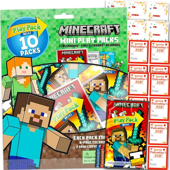 Minecraft Classroom Valentine Exchange Bundle - 10 Minecraft Mini Coloring Activity Books for School Party Supplies, Stickers | Kids Party Favors