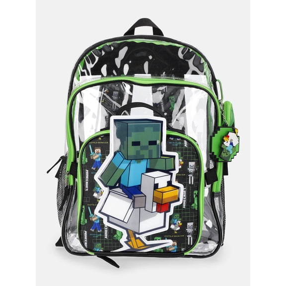 Minecraft Boys 17" Clear Creeper Backpack with Lunch Box and Keychain, 3-Piece Set, Green