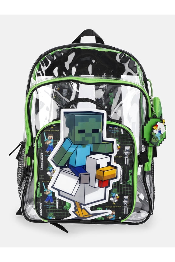 Boys 17" Clear Creeper Backpack with Lunch Box and Keychain, 3-Piece Set, Green
