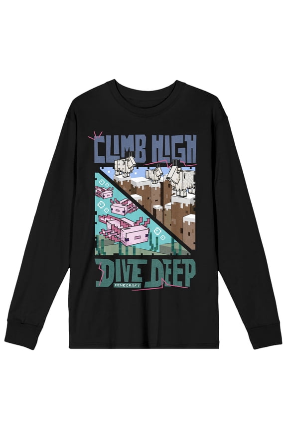 Minecraft Climb High Dive Deep Crew Neck Long Sleeve Women's Black Tee-3XL