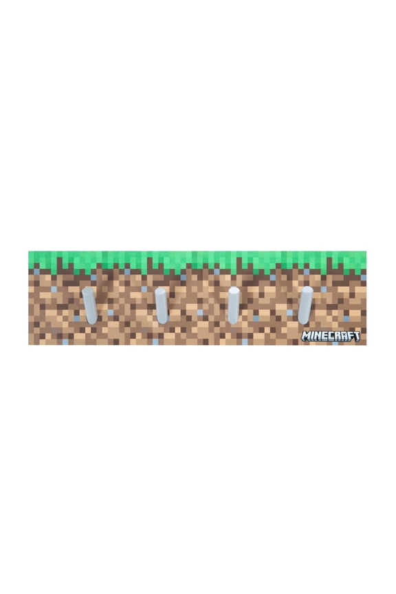 : Coat Rack - Wooden, Wall Mounting, 4 Peg Hooks, Bag & Accessory Hanging, Pixel Grass Block Design, Game Theme Decor, 17.7 x 4.8", Licensed