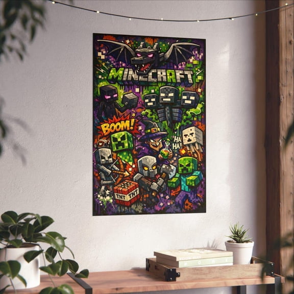 Minecraft Collage Poster Pixel Art Characters Gaming Decor Home Decor Colorful Action Print Size 24x36 Unframed Poster