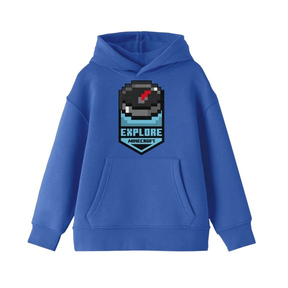Minecraft Compass Explore Badge Long Sleeve Royal Blue Youth Hooded Sweatshirt