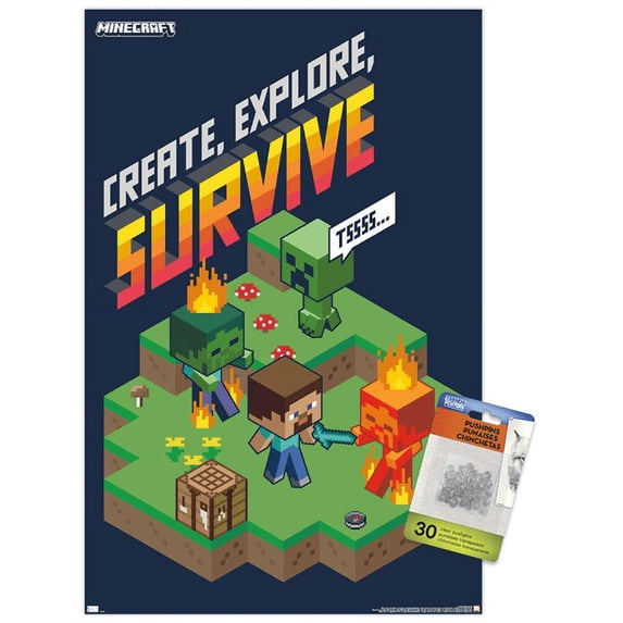 Minecraft - Create, Explore, Survive 2 Wall Poster with Push Pins, 14.725" x 22.375"