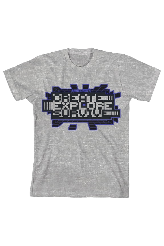 Minecraft Create, Explore, Survive Distortion Clash Trend Graphic Youth Boys Athletic Heather Gray T-Shirt-Medium