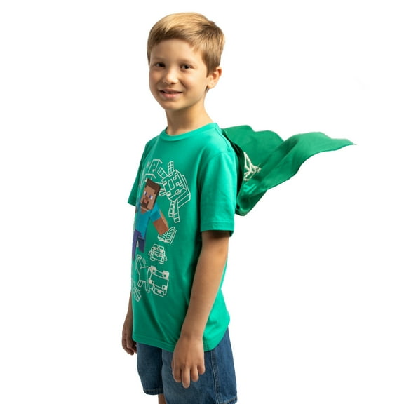 Minecraft Create Explore Survive Youth Green Crew Neck Short Sleeve Cosplay Tee With Cape-Small