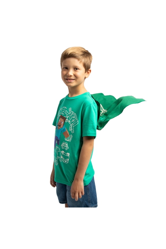 Minecraft Create Explore Survive Youth Green Crew Neck Short Sleeve Cosplay Tee With Cape-XS