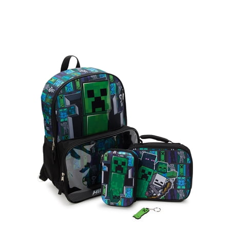 Minecraft Creeper 17" Laptop Backpack and Lunch Bag Set, 4-Piece, Black