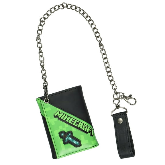 Minecraft Creeper And Sword Design Tri-Fold Snap Chain Wallet with Lobster Claw and Attached Loop Strap