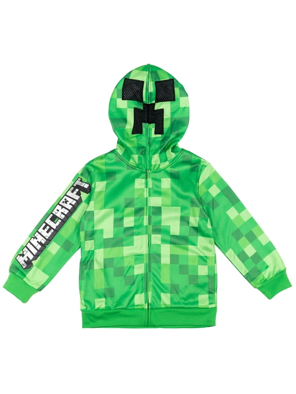 Big Kids' Boy or Girl Cosplay Fleece Zip-Up Hoodie Creeper Mask Green