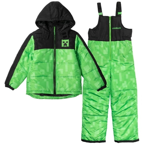 Minecraft Creeper Big Boys Zip Up Puffer Jacket and Snow Bib Ski Pants Little Kid to Big Kid